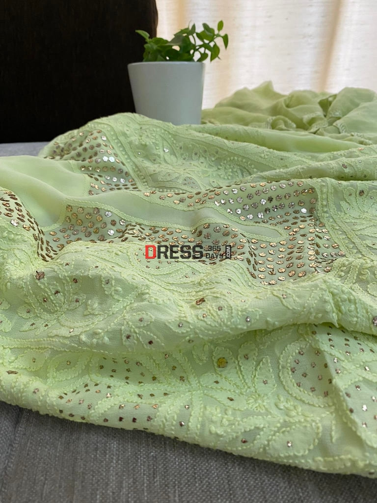 Lime Green Mukaish Neckline Chikankari Kurta Dupatta Suits
