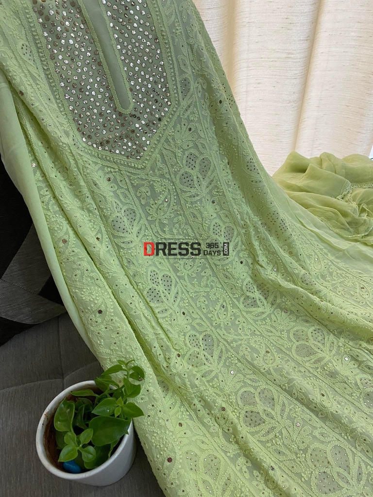 Lime Green Mukaish Neckline Chikankari Kurta Dupatta Suits