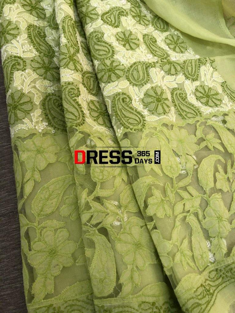 Lime Green Net Daaman Cotton Chikankari Kurti Fabric