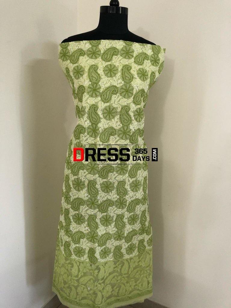 Lime Green Net Daaman Cotton Chikankari Kurti Fabric