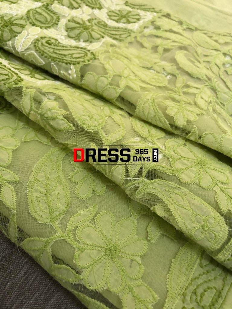 Lime Green Net Daaman Cotton Chikankari Kurti Fabric