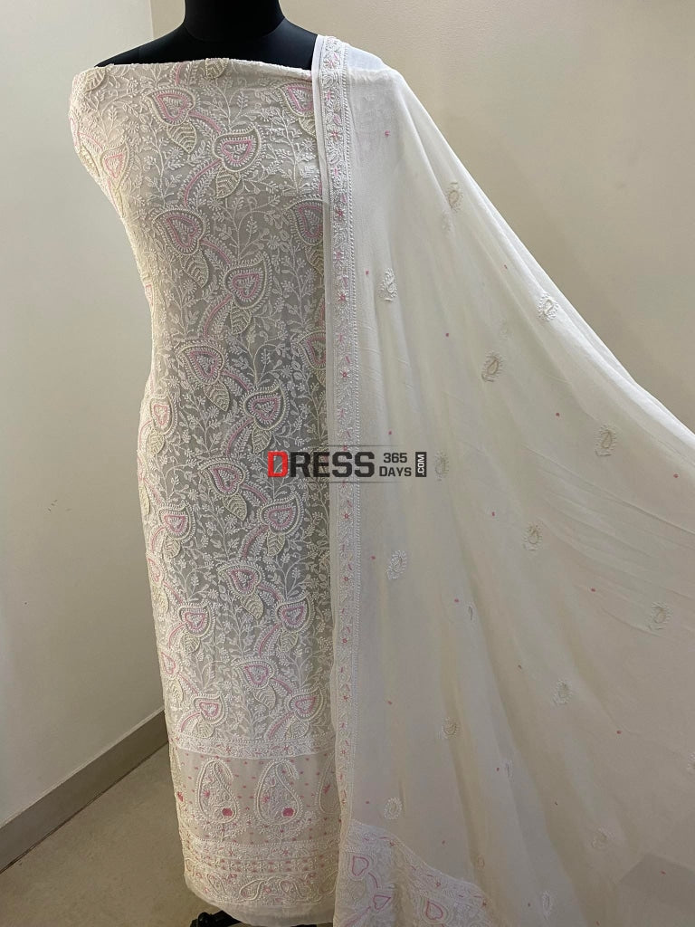 Lucknowi Chikankari Pearl Work Kurta Dupatta Set Suits