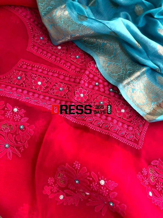 Magenta And Ferozi Organza Beads Chikankari Suit Suits