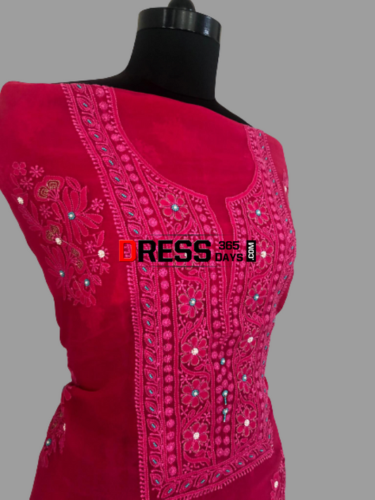 Magenta Organza Beads Chikankari Suit Suits