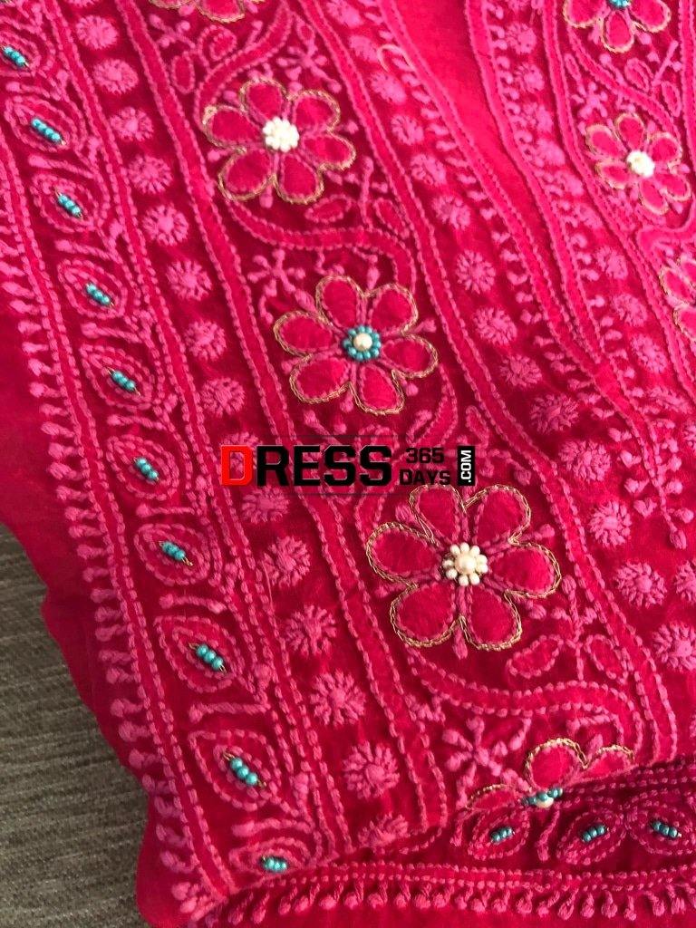 Magenta Organza Beads Chikankari Suit Suits