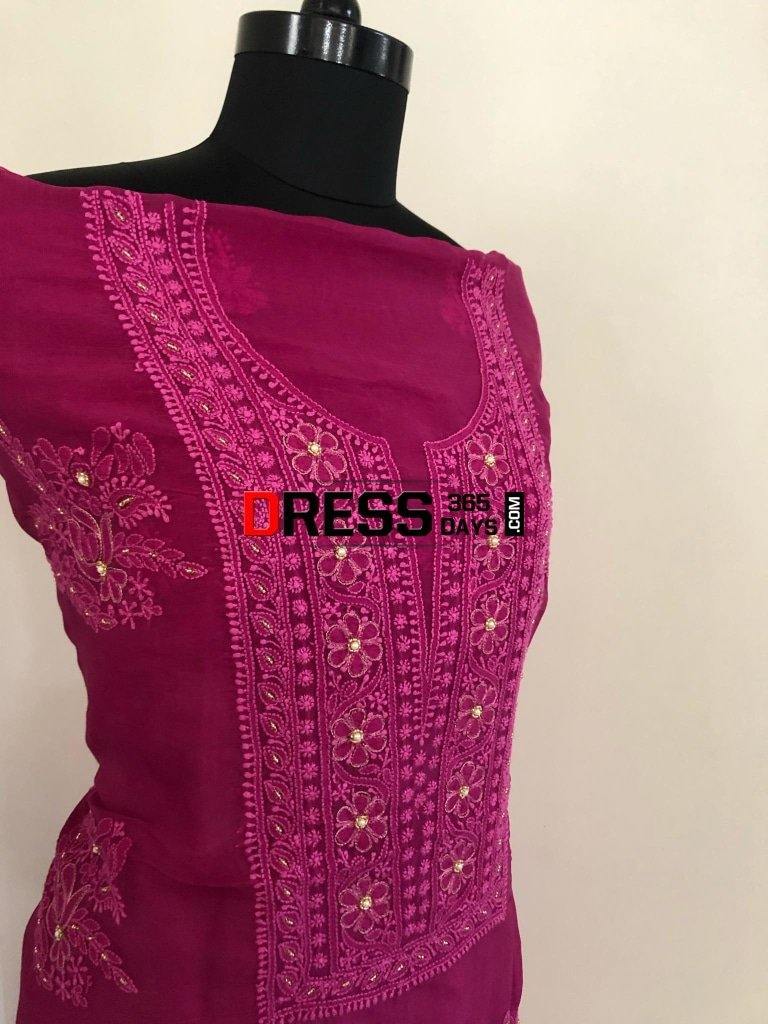 Magenta Organza Beads Chikankari Suit With Heavy Banarasi Dupatta Suits