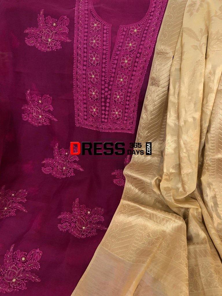 Magenta Organza Beads Chikankari Suit With Heavy Banarasi Dupatta Suits