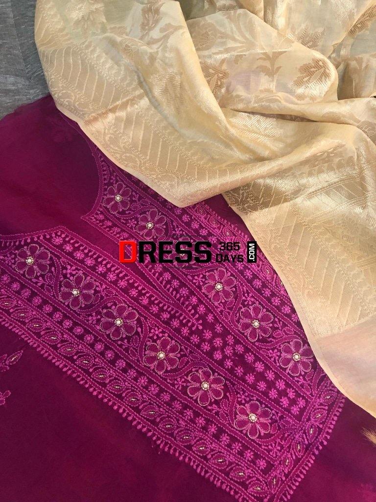 Magenta Organza Beads Chikankari Suit With Heavy Banarasi Dupatta Suits