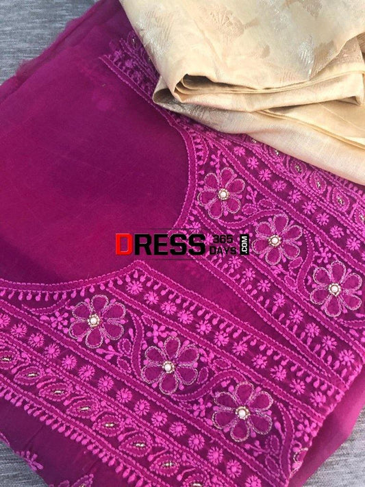 Magenta Organza Beads Chikankari Suit With Heavy Banarasi Dupatta Suits