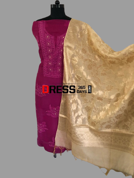 Magenta Organza Beads Chikankari Suit with Heavy Banarasi Dupatta - Dress365days