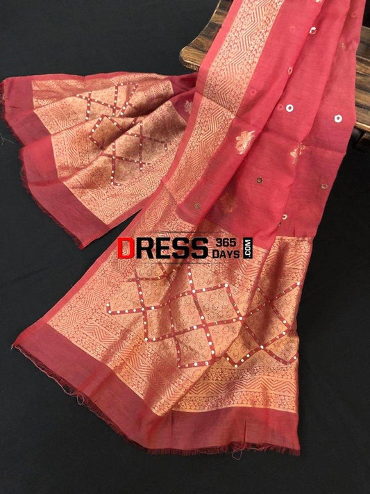 Maroon Chanderi Silk Banarsi Aari Zari Mukaish Stole Dupatta Chikankari