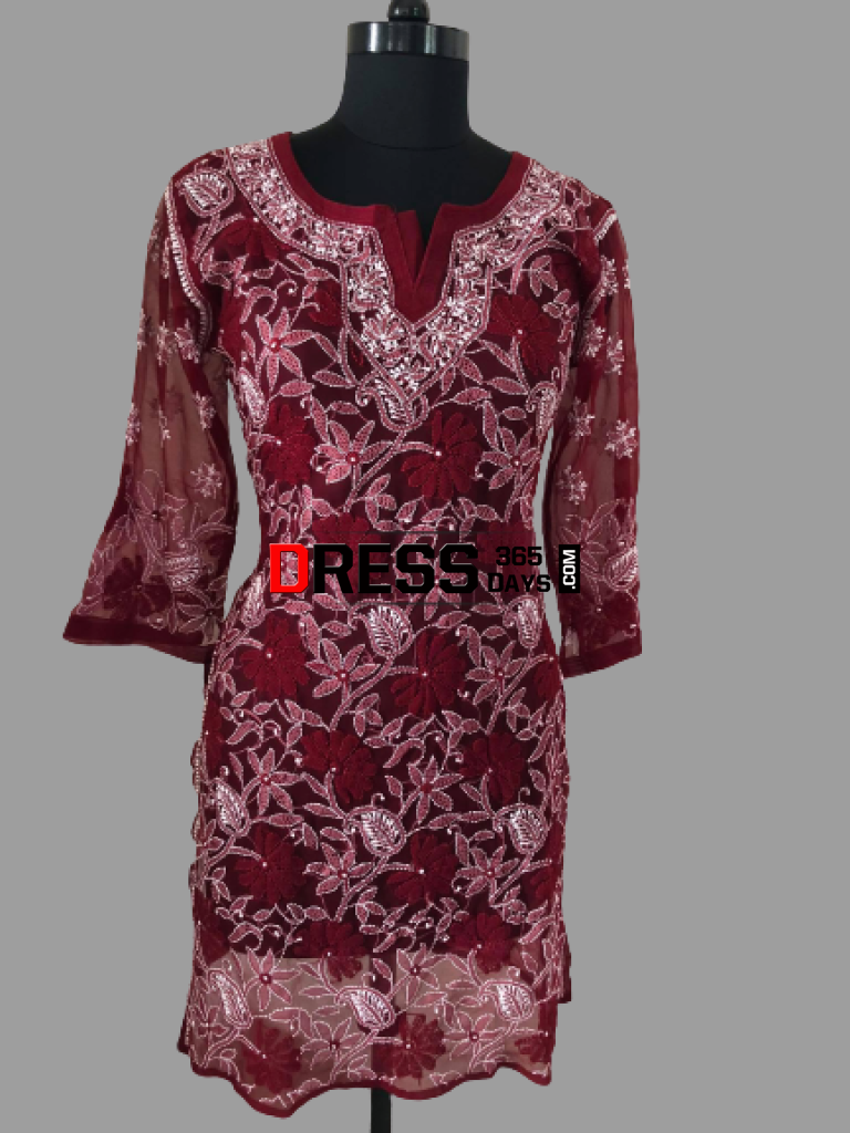 Maroon Front And Back Embroidered Chikankari Kurti