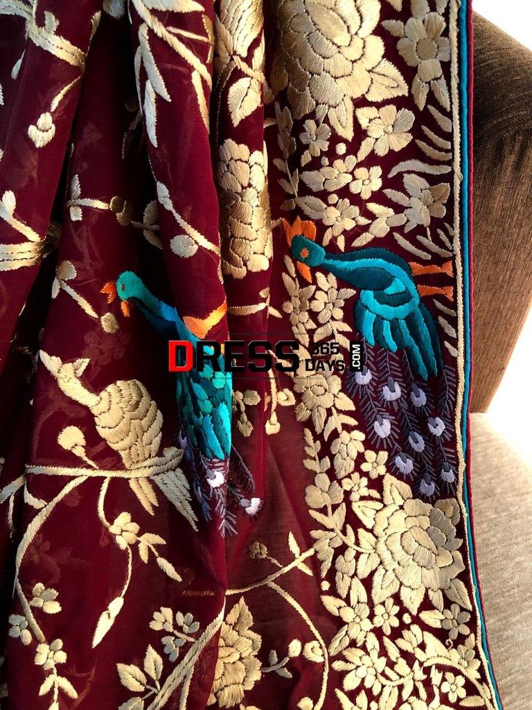 Maroon Hand Embroidered Parsi Gara Dupatta
