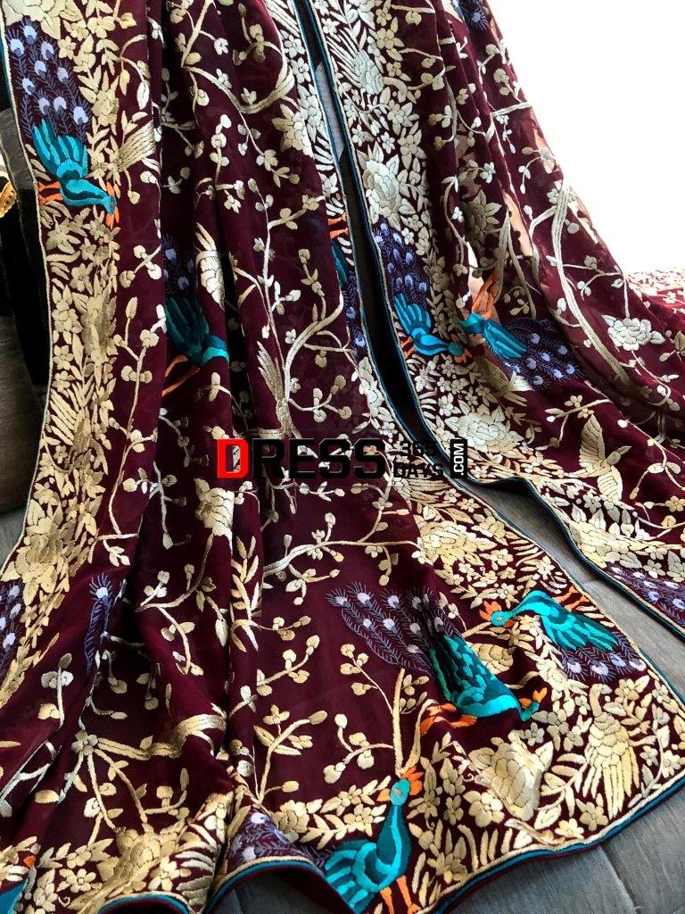 Maroon Hand Embroidered Parsi Gara Dupatta