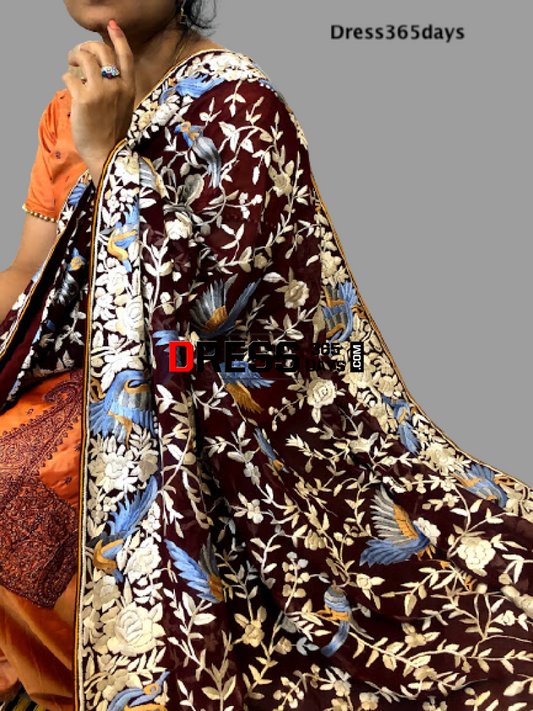 Maroon Hand Embroidered Parsi Gara Dupatta - Dress365days
