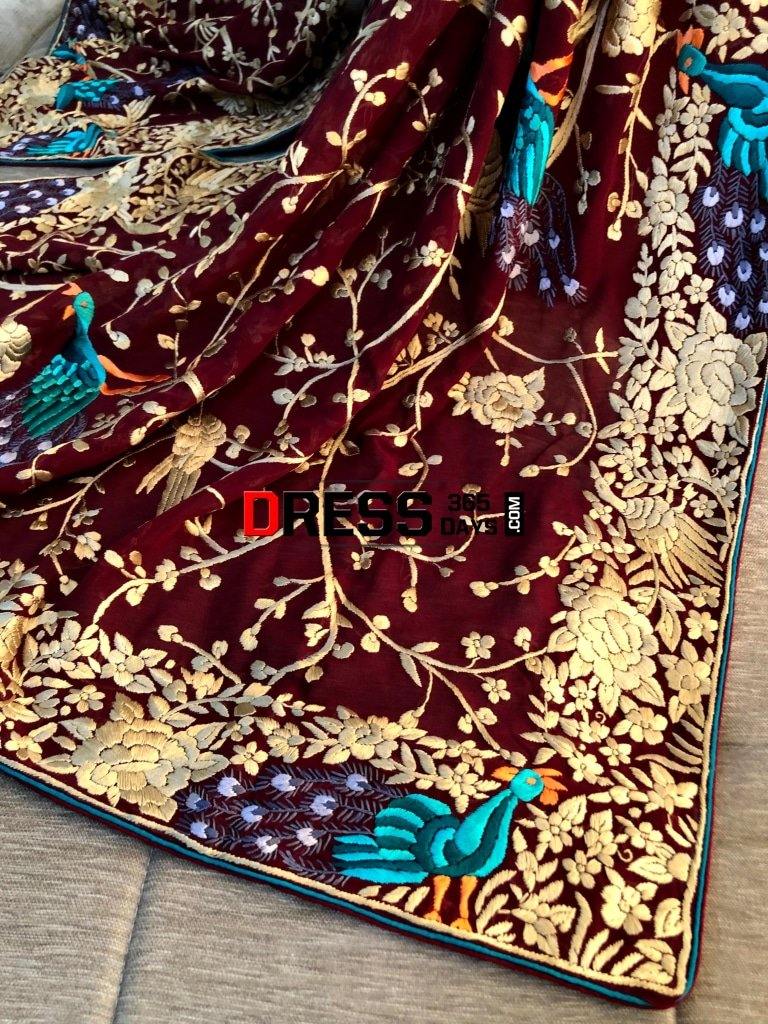 Maroon Hand Embroidered Parsi Gara Dupatta