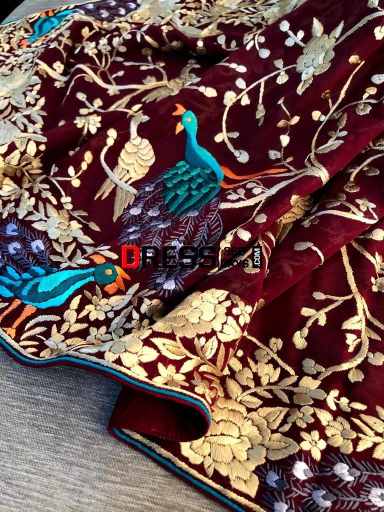 Maroon Hand Embroidered Parsi Gara Dupatta