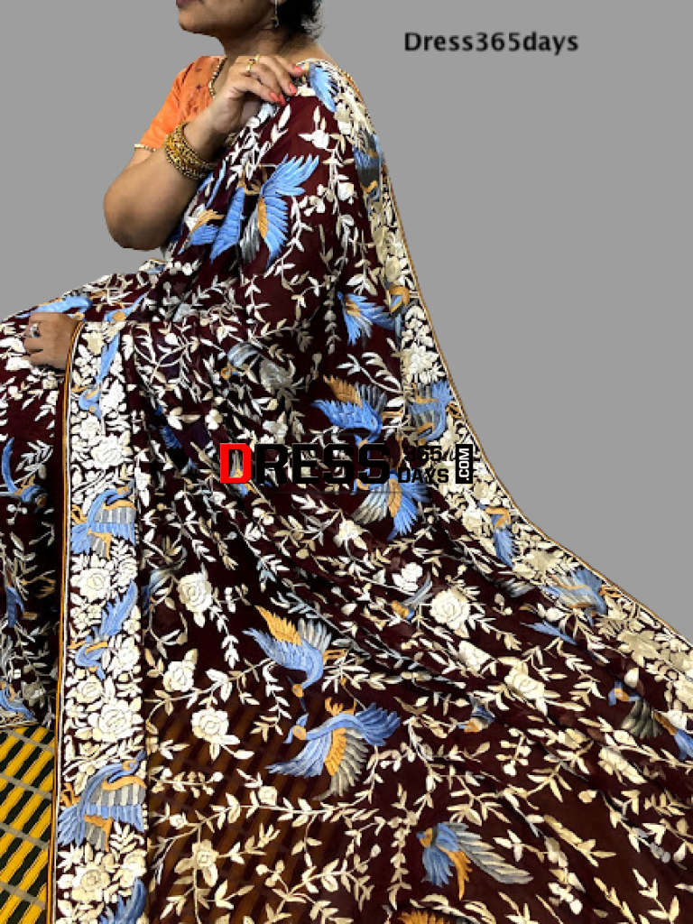 Maroon Hand Embroidered Parsi Gara Dupatta - Dress365days