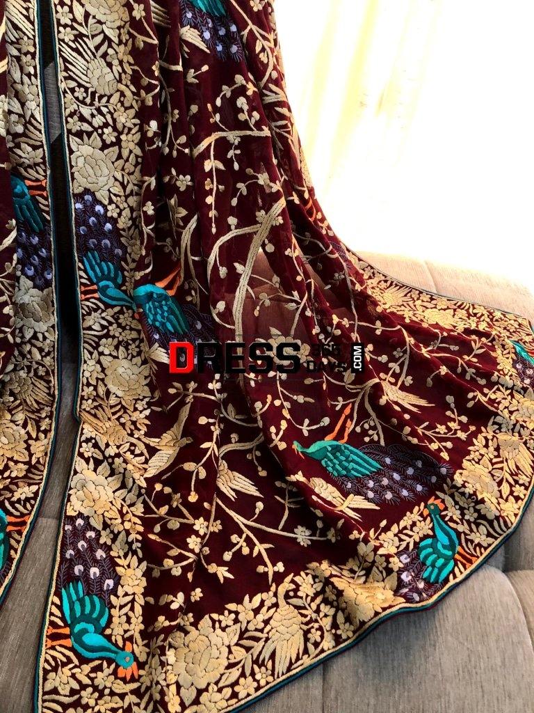 Maroon Hand Embroidered Parsi Gara Dupatta