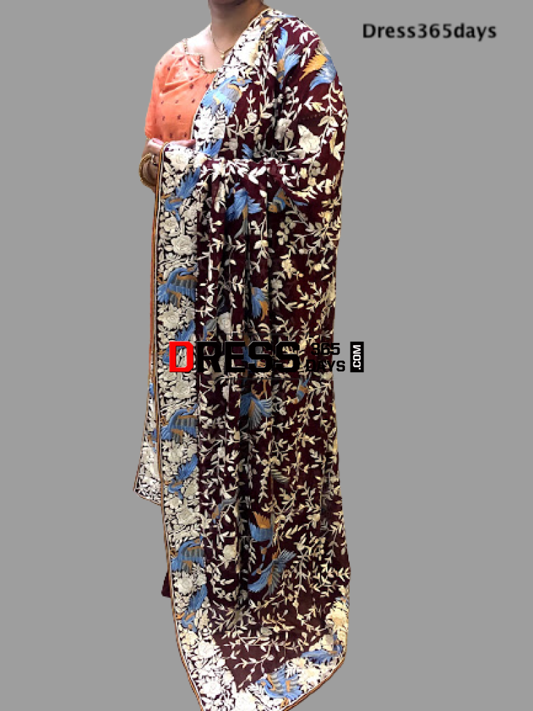 Maroon Hand Embroidered Parsi Gara Dupatta - Dress365days