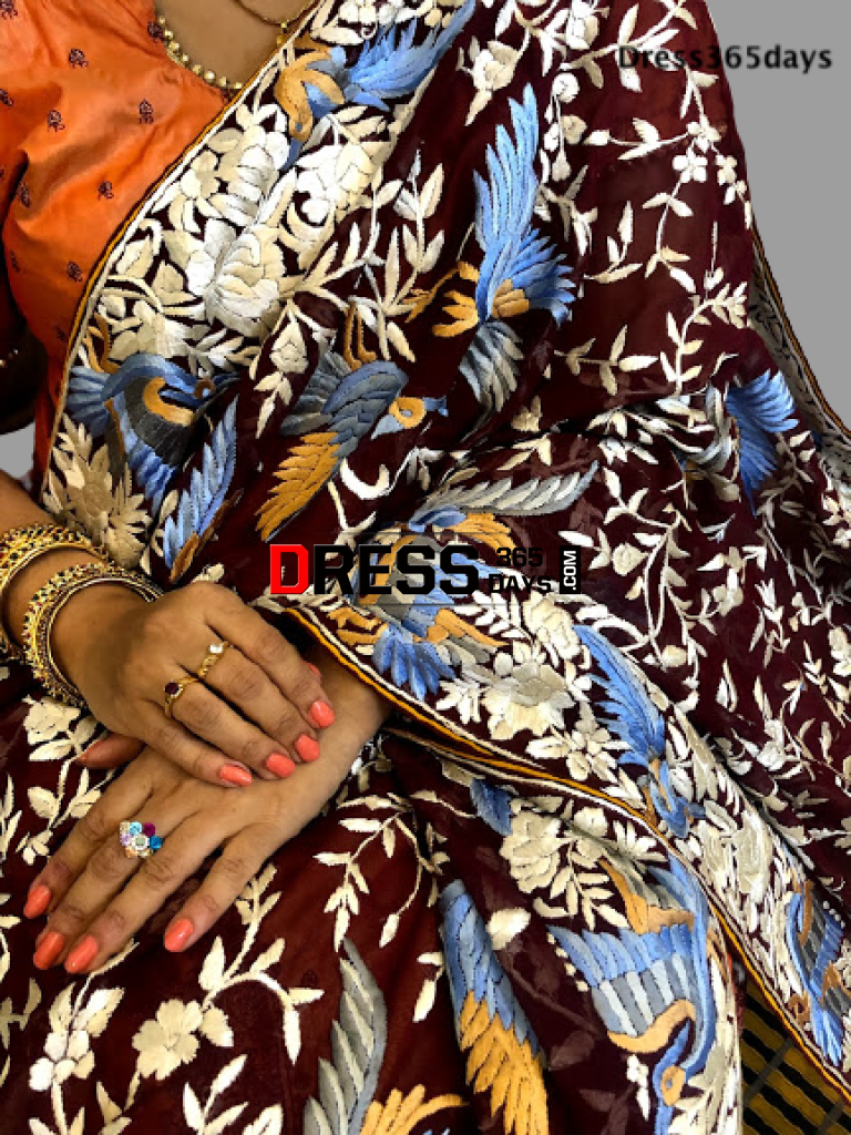Maroon Hand Embroidered Parsi Gara Dupatta - Dress365days