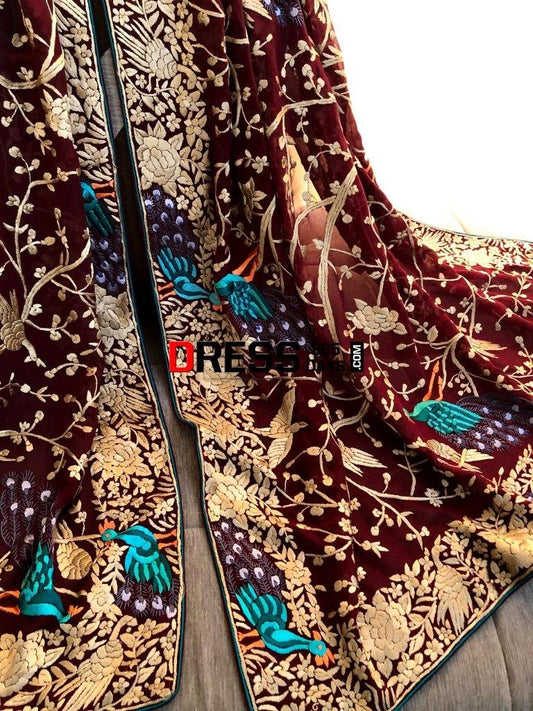 Maroon Hand Embroidered Parsi Gara Dupatta