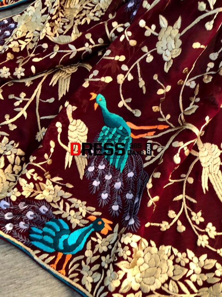 Maroon Hand Embroidered Parsi Gara Dupatta