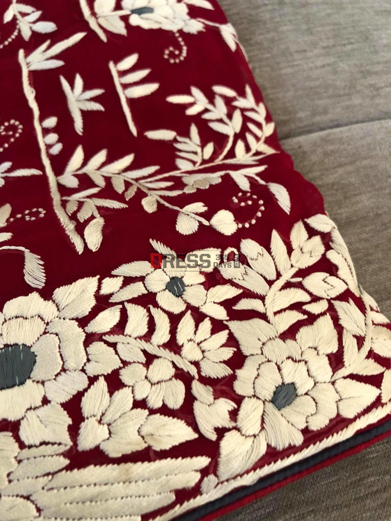 Maroon Ivory Parsi Gara Hand Embroidered Saree