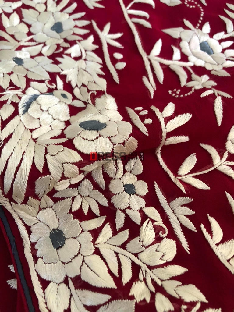 Maroon Ivory Parsi Gara Hand Embroidered Saree