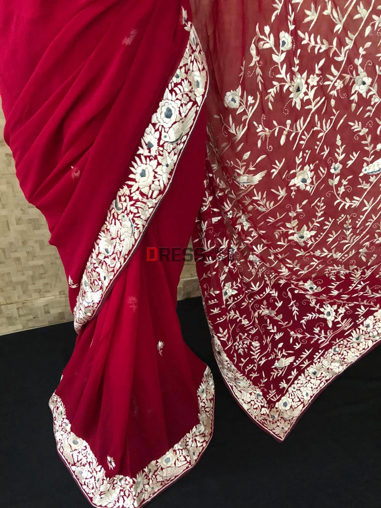 Maroon Ivory Parsi Gara Hand Embroidered Saree