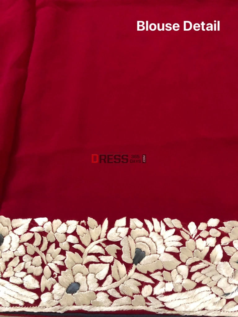 Maroon Ivory Parsi Gara Hand Embroidered Saree