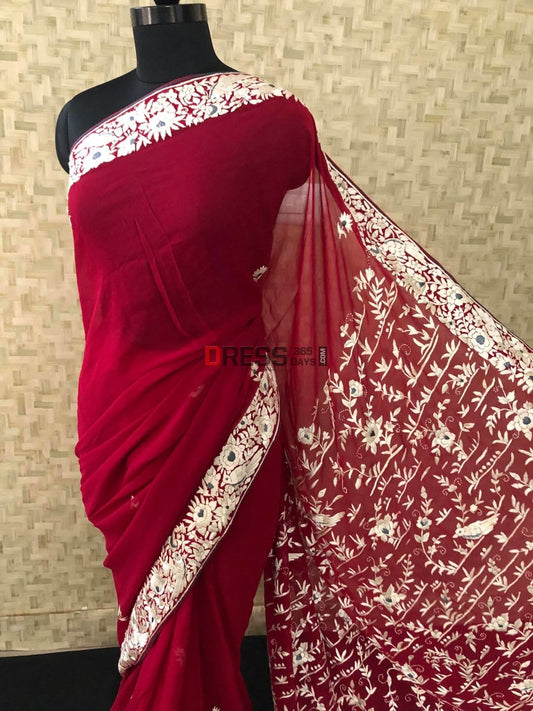 Maroon Ivory Parsi Gara Hand Embroidered Saree