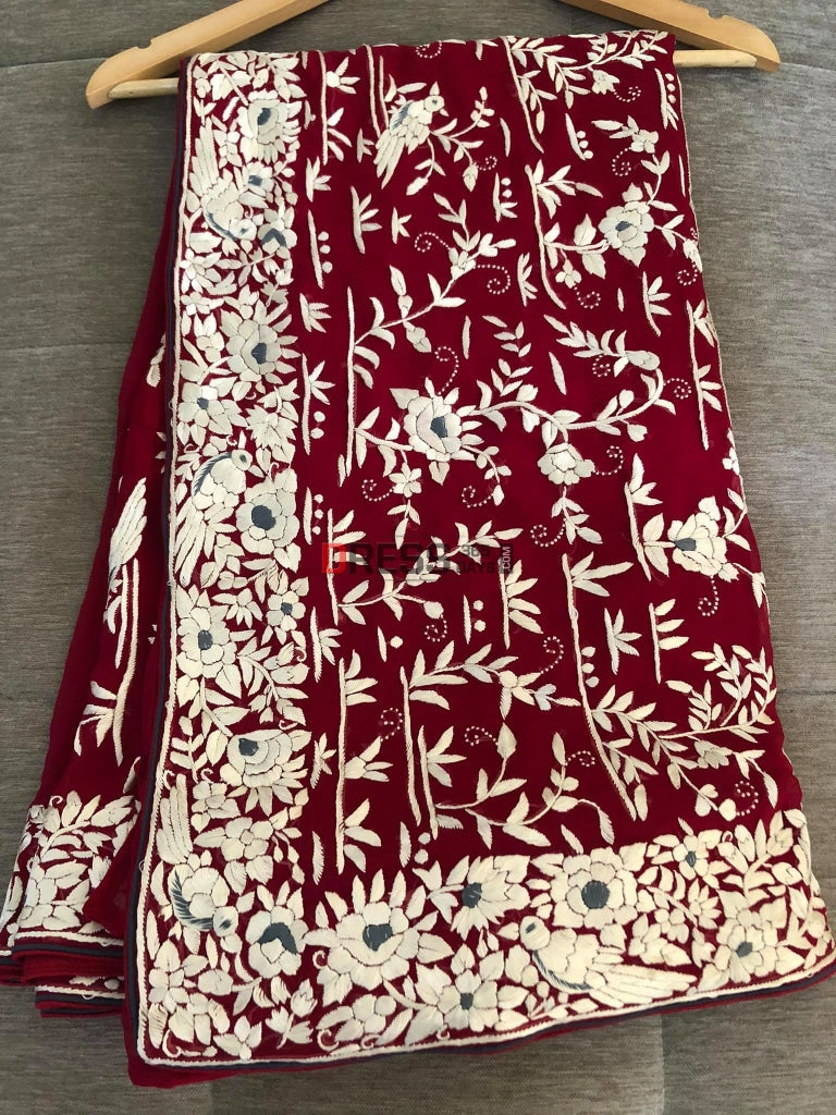 Maroon Ivory Parsi Gara Hand Embroidered Saree