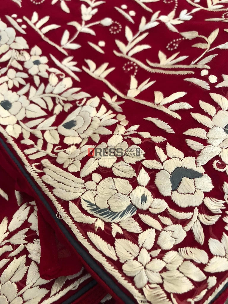 Maroon Ivory Parsi Gara Hand Embroidered Saree