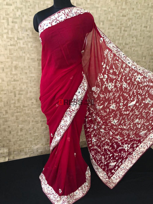 Maroon Ivory Parsi Gara Hand Embroidered Saree