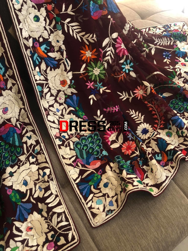 Maroon Multicolour Parsi Gara Dupatta