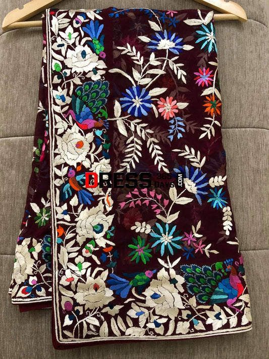 Maroon Multicolour Parsi Gara Dupatta