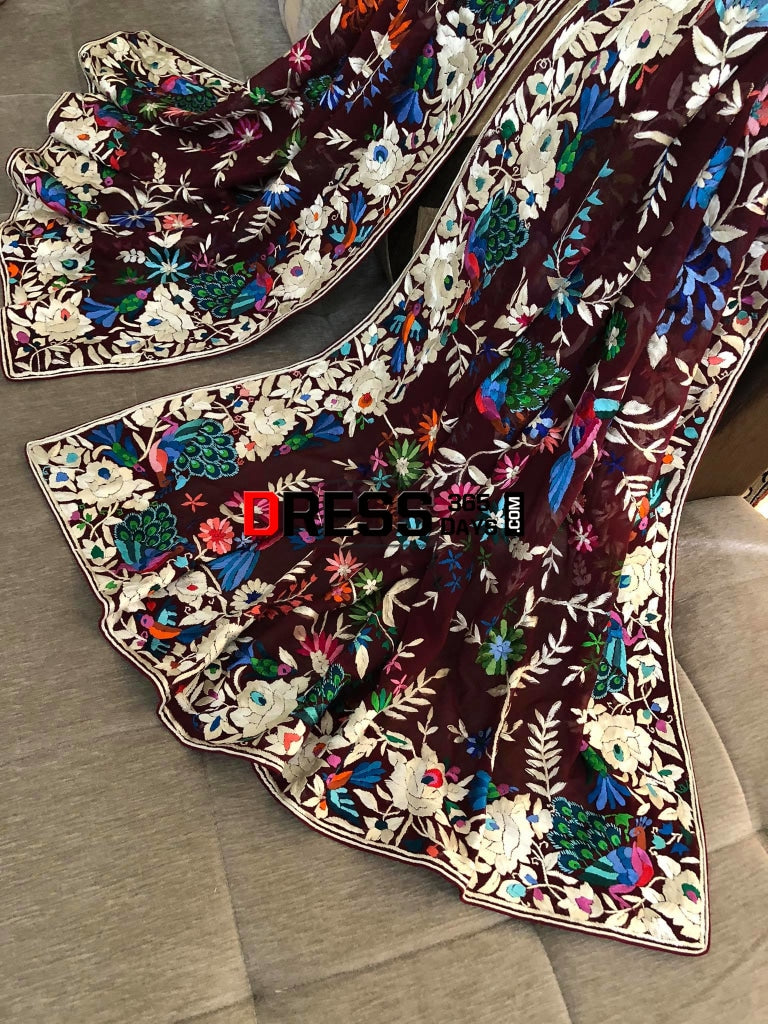 Maroon Multicolour Parsi Gara Dupatta