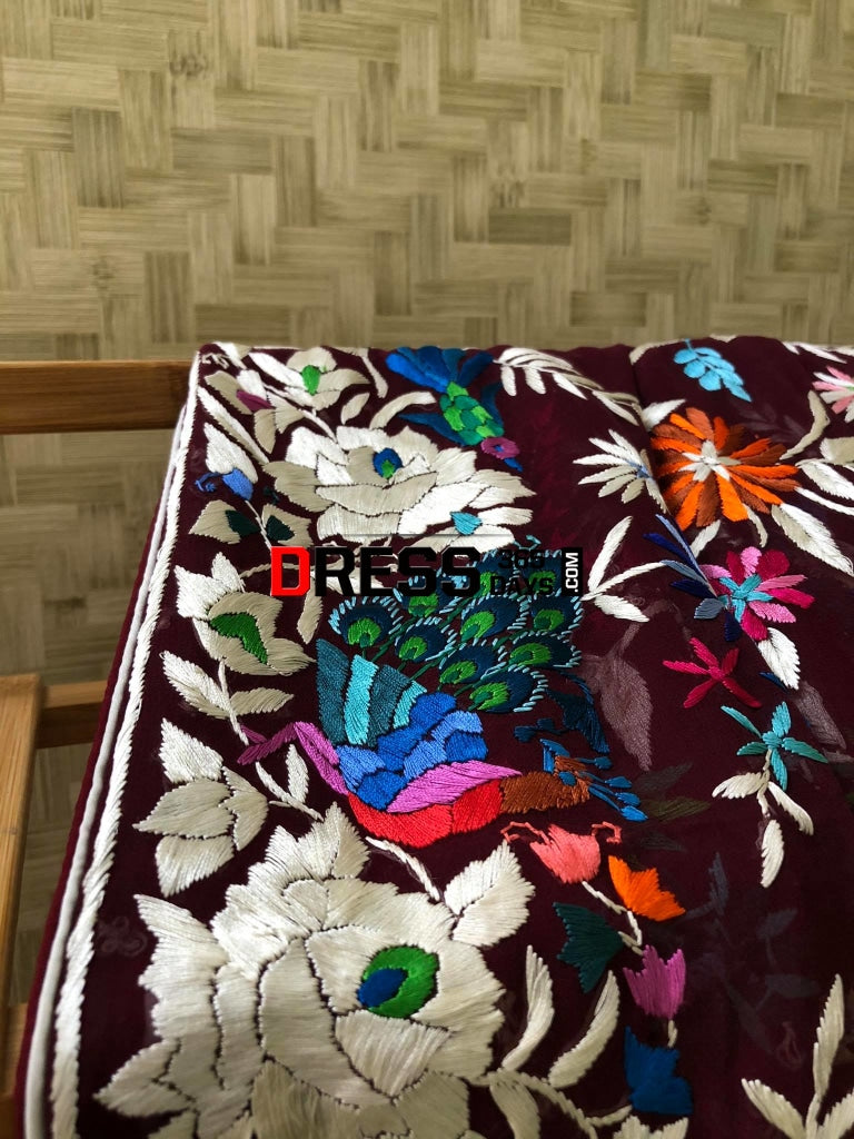Maroon Multicolour Parsi Gara Dupatta