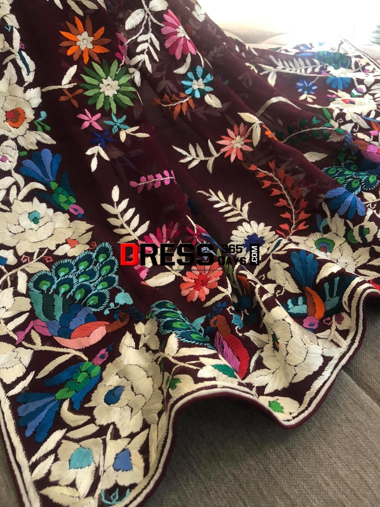 Maroon Multicolour Parsi Gara Dupatta