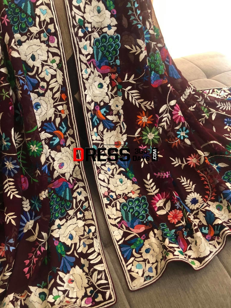 Maroon Multicolour Parsi Gara Dupatta