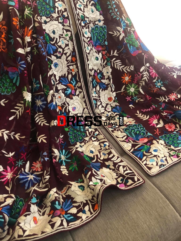 Maroon Multicolour Parsi Gara Dupatta