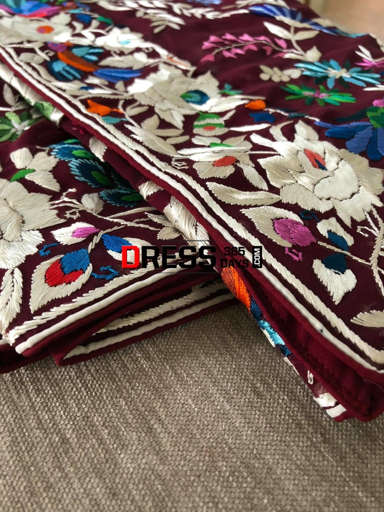 Maroon Multicolour Parsi Gara Dupatta