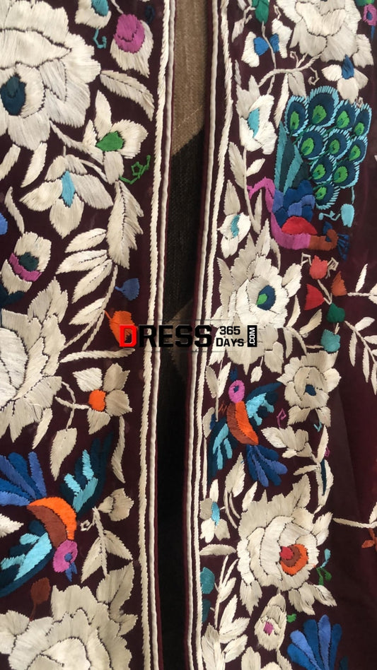 Maroon Multicolour Parsi Gara Dupatta