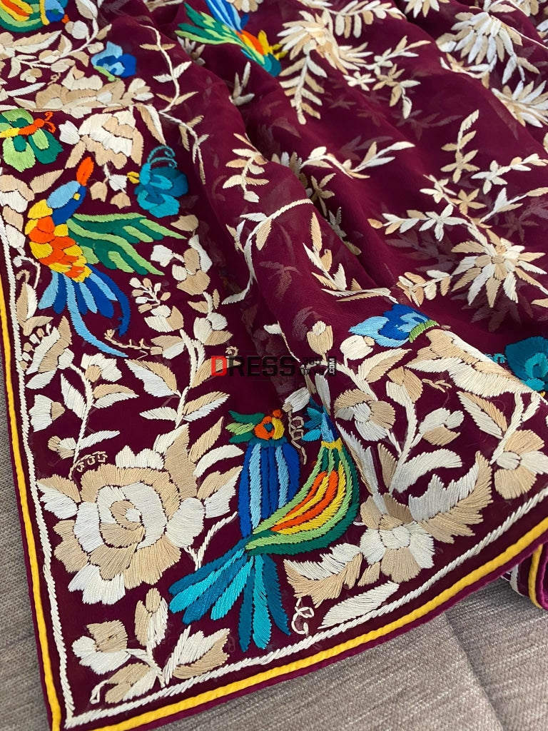 Maroon Multicolour Parsi Work Dupatta Gara