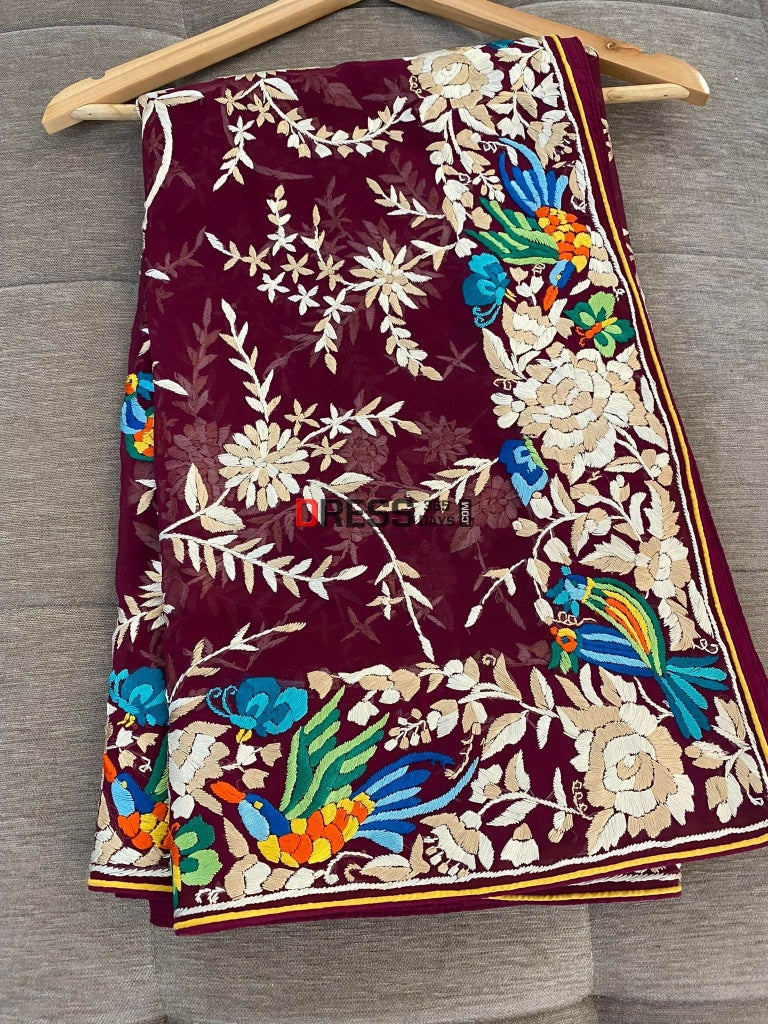 Maroon Multicolour Parsi Work Dupatta Gara