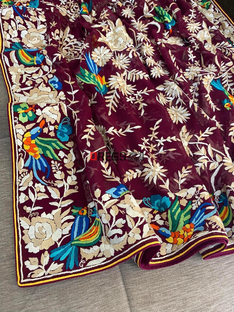 Maroon Multicolour Parsi Work Dupatta Gara