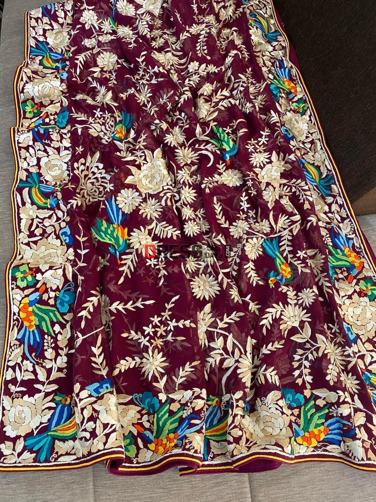 Maroon Multicolour Parsi Work Dupatta Gara