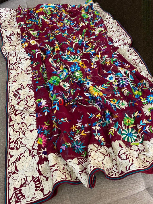 Maroon Parsi Gara Hand Embroidered Dupatta