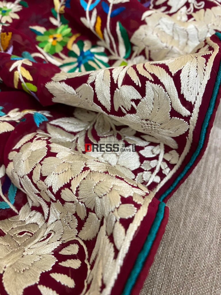 Maroon Parsi Gara Hand Embroidered Dupatta